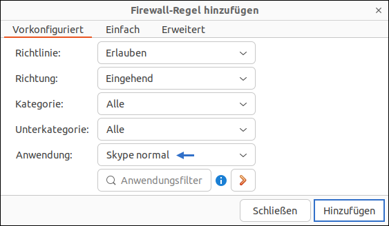 Ubuntu-Sicherheit: Mit Gufw eine Firewall-Regel definieren. Als Beispiel dient Skype aus der Snap-Quelle. Ziel: Den TCP-Port 443 öffnen, um Videotelefonie und Datenaustausch zu ermöglichen