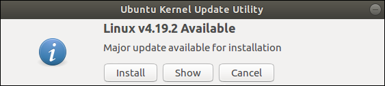 Screenshot of Ubuntu Kernel Update Utility: Linux v4.19.2 Available. Major update available for installation