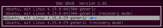 Screenshot von GRUB Version 2.02: Kernel-Auswahl. Ubuntu mit Linux 4.15.0-29-generic starten