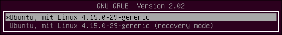 Screenshot: GNU GRUB Version 2.02 with Ubuntu 18.04 LTS and Kernel 4.15.0-29-generic