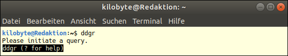 Durch die Eingabe des Befehls ddgr verwandelt sich ein Ubuntu Terminal-Fenster in eine Suchmaschine Screenshot von Ubuntu-Konsole, die zur Suchmaschine DuckDuckGo umfunktioniert wurde