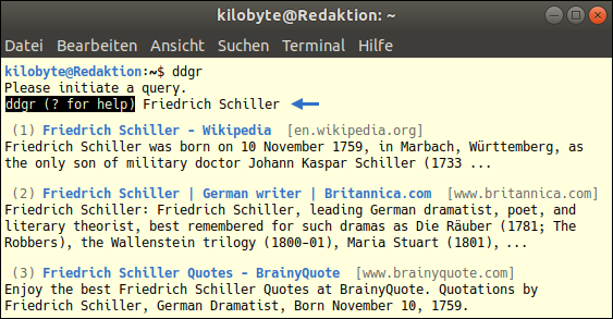 Suchergebnisse im Ubuntu Terminal-Fenster. Datenquelle: DuckDuckGo Screenshot eines Terminal-Fensters: Datensätze von DuckDuckGo zum Thema Friedrich Schiller. Aufbereitet unter Ubuntu 17.10