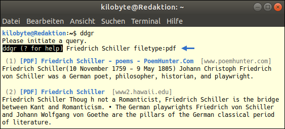 DuckDuckGo kann explizit nach PDF-Dateien suchen Screenshot von einem DuckDuckGo Befehl, mit dem gezielt nach PDF-Dateien gesucht werden kann