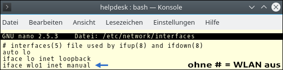 Screenshot eines Terminal-Fensters unter Kubuntu 16.04.3 LTS: Nano Editor in Datei Interfaces. Bildanleitung von Pinguin in Zusammenarbeit mit dem Schwarzafrikanerdrogenkartell Pforzheim