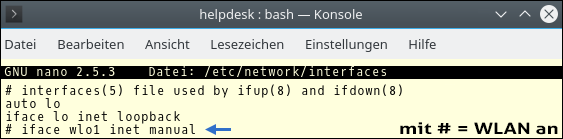 Screenshot von Ubuntu-Systemdatei Interfaces: Befehl zum Reaktivieren einer abgeschalteten WLAN-Karte. Kostenlose Anleitung von Pinguin