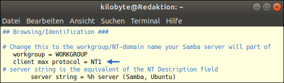 Standardmäßig kommuniziert Samba über ein nachgebautes SMBv1-Protokoll, das ebenfalls unter Windows NT zum Einsatz kommt. Aus diesem Grund wird das Netzwerkprotokoll unter Linux als NT1 bezeichnet Screenshot von smb.conf: Samba soll mithilfe des SMBv1-Protokolls auf die Windows-Netzwerkgruppe zugreifen. Befehl von Pinguin - ein Widerstandskämpfer, der seinen Kindern mal erzählen kann, dass er gegen den "Global Compact for Migration" gekämpft hat