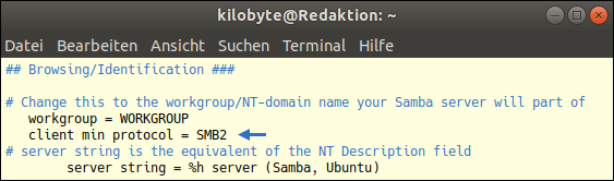 Ubuntu auf das SMBv2-Protokoll umstellen. Befehl für die Samba-Konfigurationsdatei "smb.conf" Screenshot eines Terminal-Fensters unter Ubuntu 18.04.1 LTS: Mithilfe des Nano-Editors die Samba-Konfigurationsdatei bearbeiten