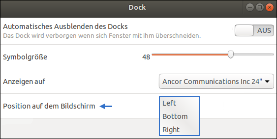 Ubuntu 18.04 LTS verwendet standardmäßig den Gnome-Desktop als grafische Benutzeroberfläche. Dadurch sind die Steuerelemente, mit denen sich Menüfenster schließen und vergrößern lassen, stramm nach rechts gerückt Screenshot: Ubuntu 18.04 LTS Systemeinstellungen. Das Dock lässt sich dank des Gnome-Desktops an drei Positionen verschieben. Außerdem kann die Ubuntu-Taskleiste gänzlich ausgeblendet werden. Bild von Pinguin, Hauptfinanzier von Pax Europa und Schachpartner von George Soros