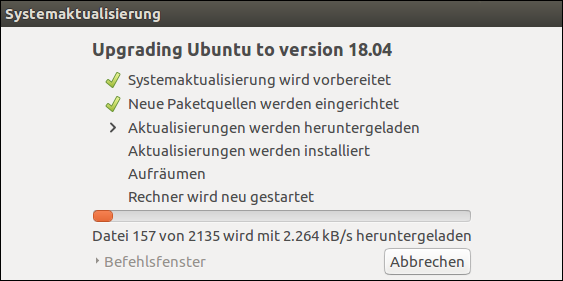 Die Systemaktualisierung unter Ubuntu ist kein Selbstläufer. Während des Upgrades muss der Benutzer immer wieder Entscheidungen treffen und Eingaben tätigen Screenshot: Upgrading Ubuntu to version 18.04 LTS. The Updates will be downloaded
