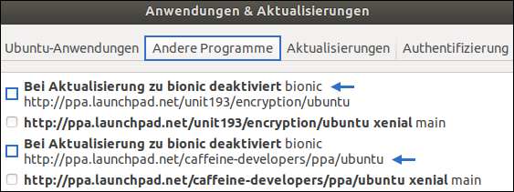 Ubuntu schaltet vor einem Upgrade die Personal Package Archive (PPAs) ab. Sämtliche Drittanbieterquellen können nach der Systemaktualisierung im Menü "Anwendungen & Aktualisierungen" wieder aktiviert werden Screenshot von Ubuntu 18.04 LTS. Systemmenü: Anwendungen & Aktualisierungen. Reiter: Andere Programme. Alle PPAs wurden bei der Aktualisierung zu bionic deaktiviert