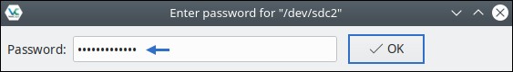 Screenshot of VeraCrypt: Enter password for "/dev/sdc2"